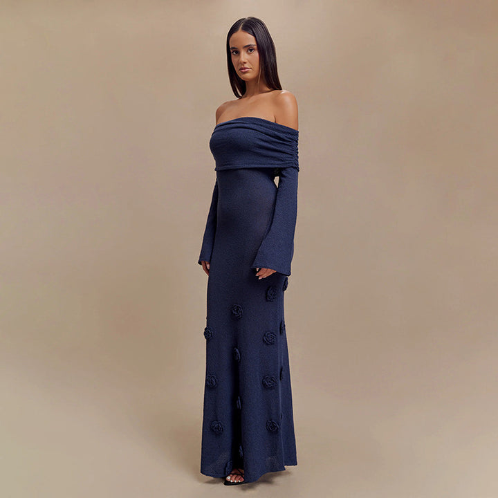 Damen Elegantes Abendkleid mit Schulterfreiem Design und Blumenapplikationen Drune