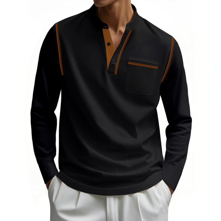 Herren nan Henley-Langarmshirt mit Stehkragen, Brusttasche und kontrastierenden Ziernähten Drune