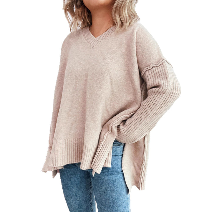 Damen lässiger V-Ausschnitt Pullover mit stylishen Rippdetails Drune