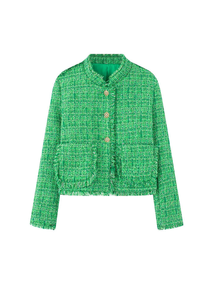 Damen stilvolle Kurzjacke im strukturierten Tweed-Design mit dekorativen Knöpfen Drune