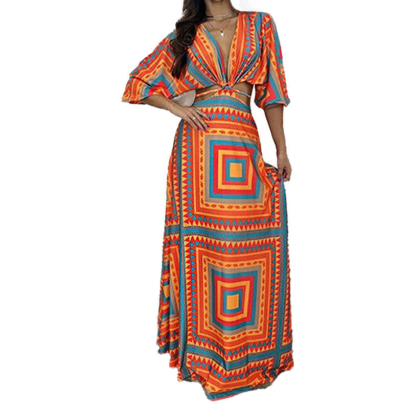 Damen Maxi-Kleid mit tiefem V-Ausschnitt und Wellenmuster Drune