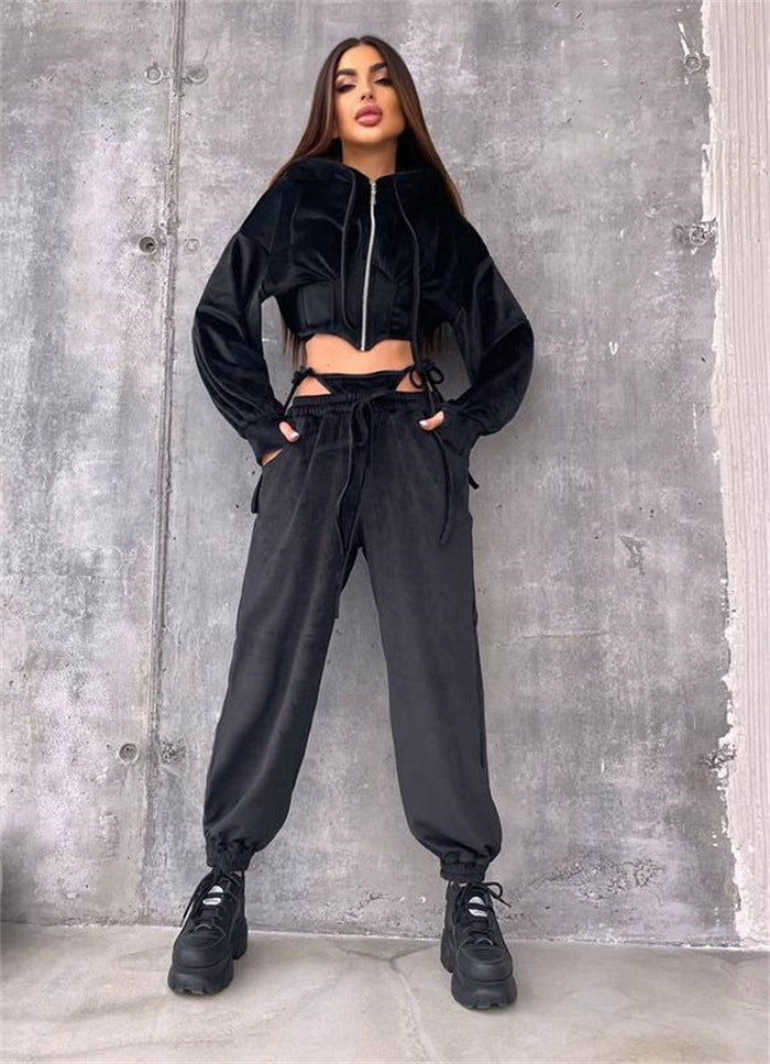 Damen Sportliches Velours-Cropped-Set mit Reißverschluss und Taillenschnitt Drune