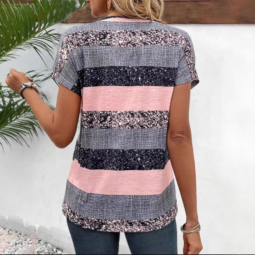 Damen nan gestreiftes Viskosemix-Relaxshirt mit V-Ausschnitt, Krempelärmeln und dekorativer Knopfleiste Drune