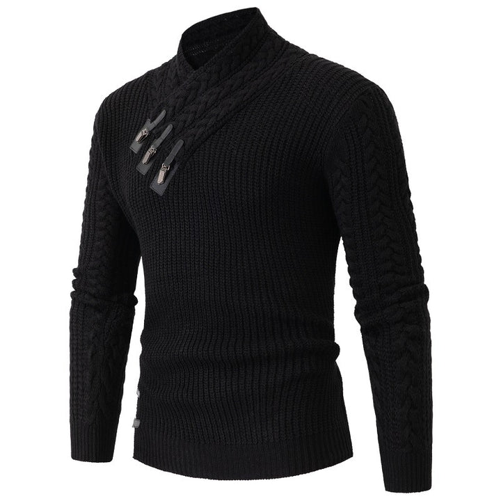 Herren nan Strickpullover mit Schalkragen, Zopfmuster und markanten Schnallenverschlüssen Drune