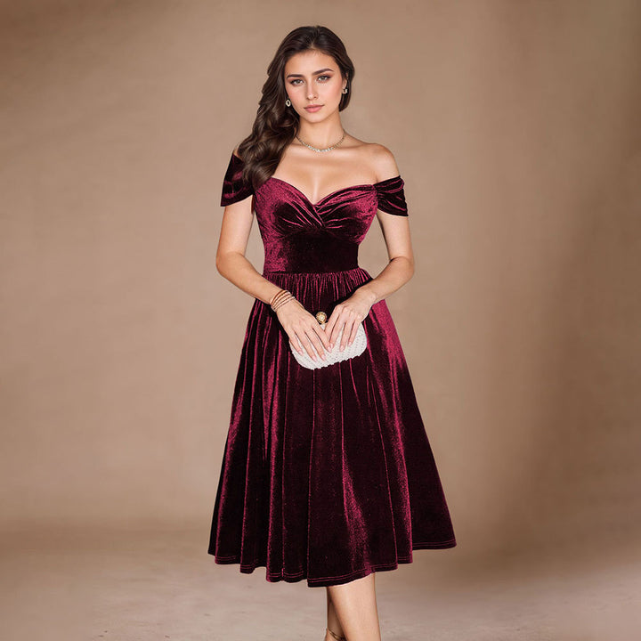 Damen Midi-Kleid aus luxuriösem Samt mit tiefem V-Ausschnitt und eleganter Taillierung Drune