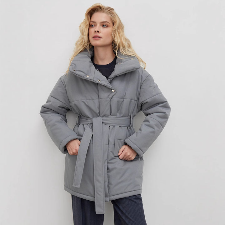 Damen Modische Steppjacke mit hohem Kragen und Gürtel Drune