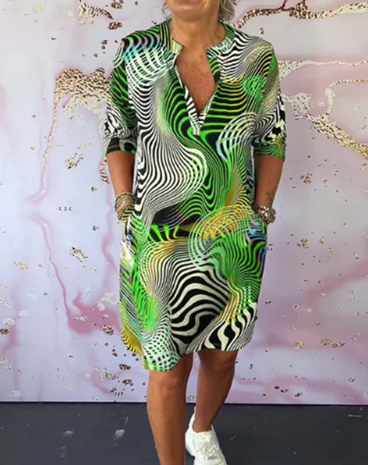Damen nan locker fallendes V-Ausschnitt Jerseykleid mit abstraktem Wellenprint und knielangem Schnitt Drune