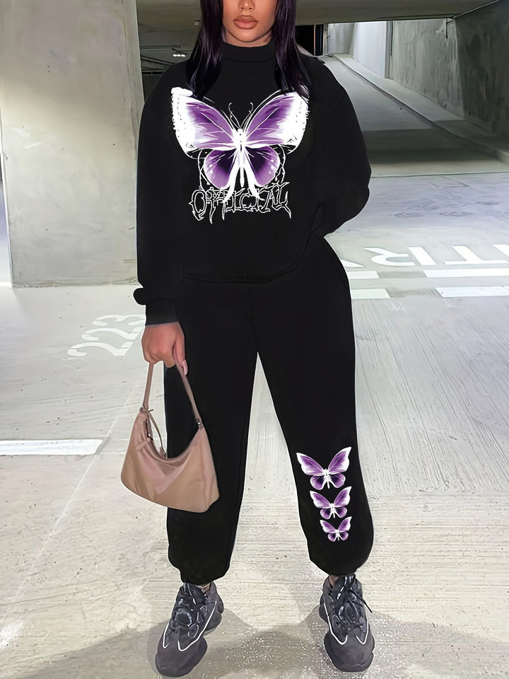 Damen Sweatshirt und Jogginghose Set mit kreativem Schmetterlingsdesign Drune