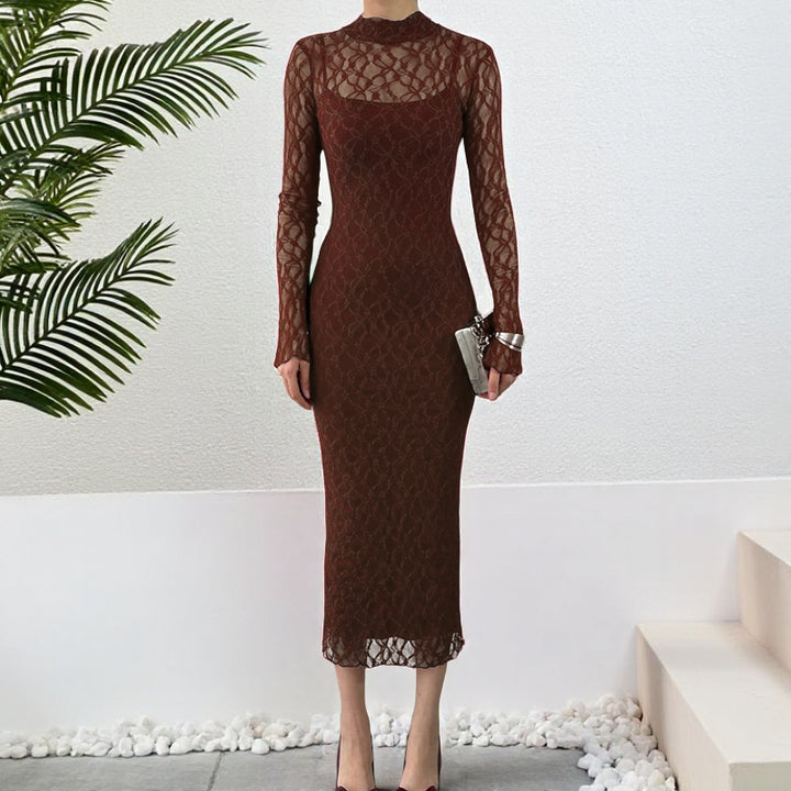 Damen Maxikleid aus transparenter Spitze mit eleganten Rüschendetails Drune