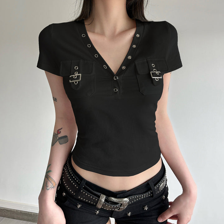 Damen Kurzarm Shirt mit dekorativem V-Ausschnitt und praktischem Taschen-Design Drune