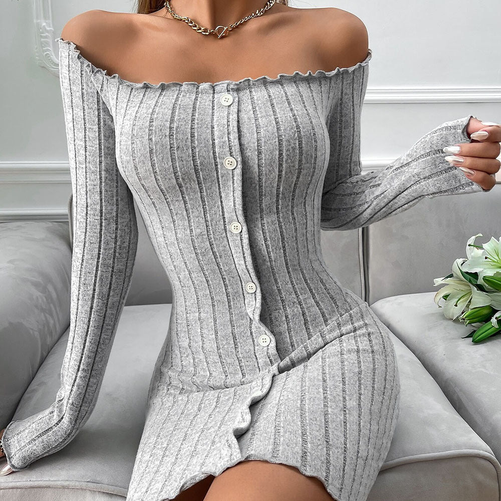 Damen Strickkleid mit Off-Shoulder Design und eleganter Knopfleiste Drune