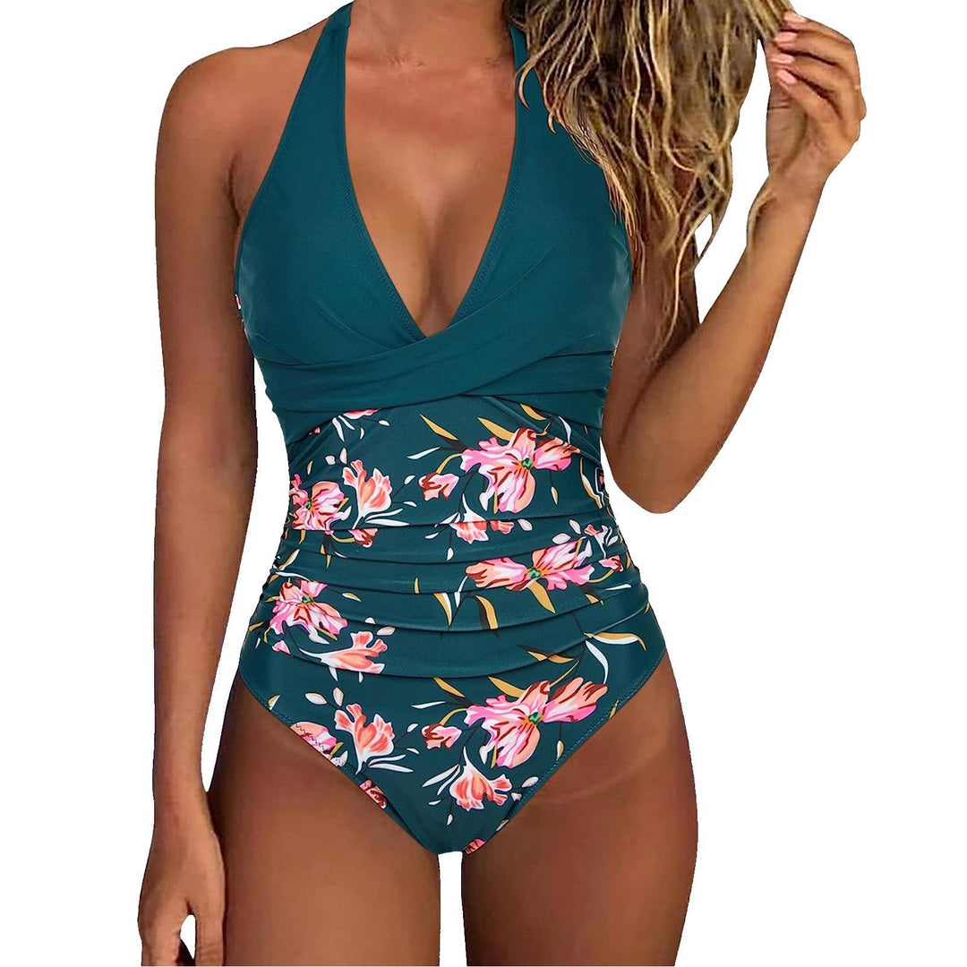 Damen Einteiler Badeanzug mit floralem Wickel-Design und verstellbaren Trägern Drune