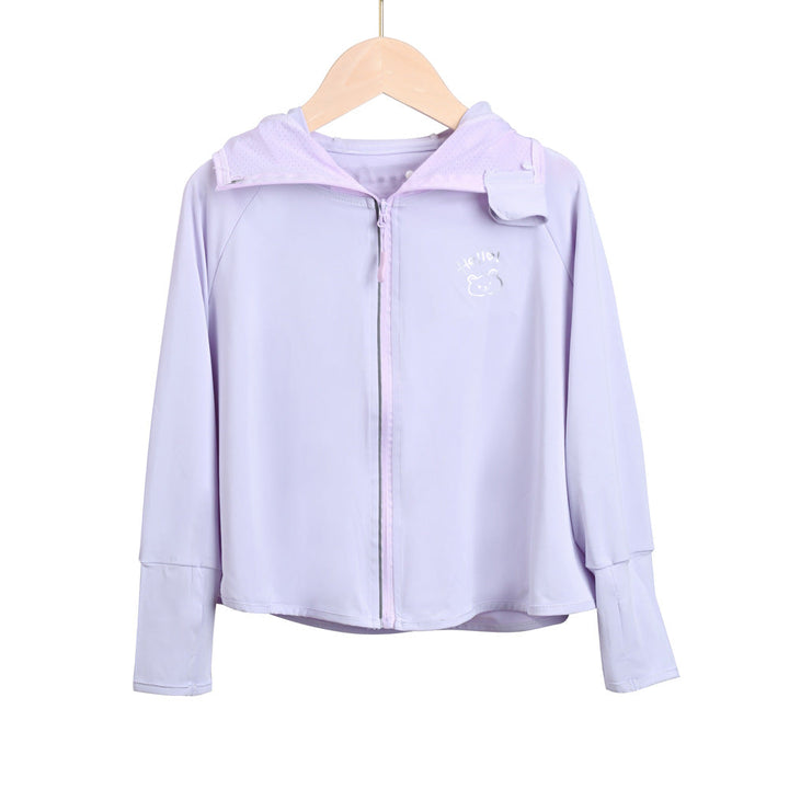 Damen leichte Sportjacke mit Kapuze und dezentem Motiv Drune