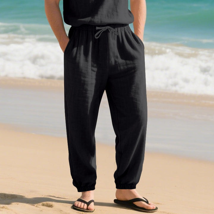 Herren nan leichte Leinenmix-Loungehose mit Tunnelzugbund, Seitentaschen und elastischen Beinabschlüssen Drune