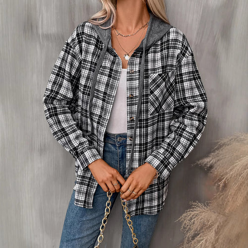 Damen lässige Flanelljacke mit Kapuze Drune