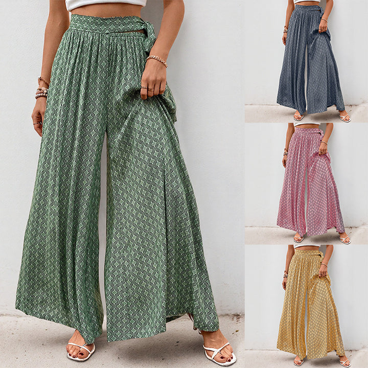 Damen Weite Palazzo-Hose mit seitlichem Bindegürtel und elegantem Print Drune