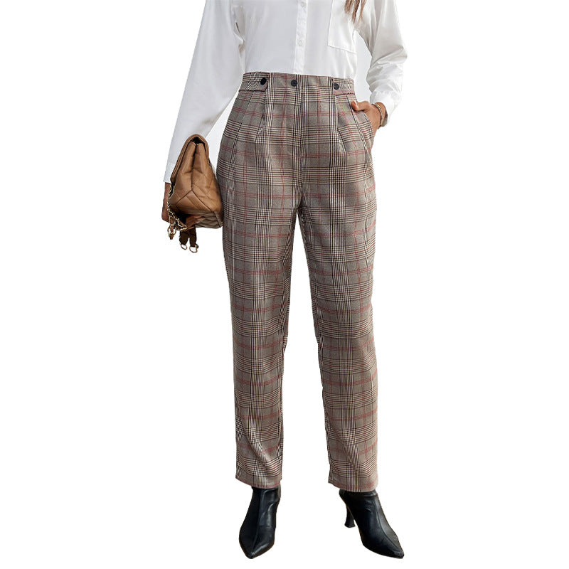 Damen Karierter Stoffhose mit eleganter Faltenlegung Drune