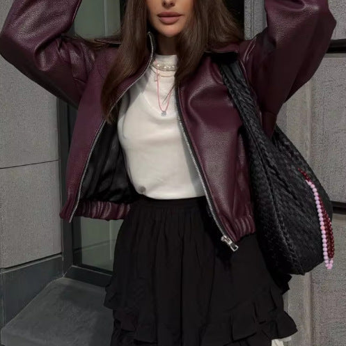 Damen Lässige Lederjacke im sportlichen Stil mit elastischem Bund Drune