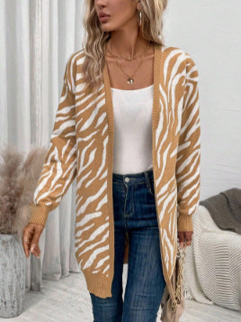 Damen Lässige Strickjacke im Zebra-Design mit langen Ärmeln und offenem V-Ausschnitt Drune