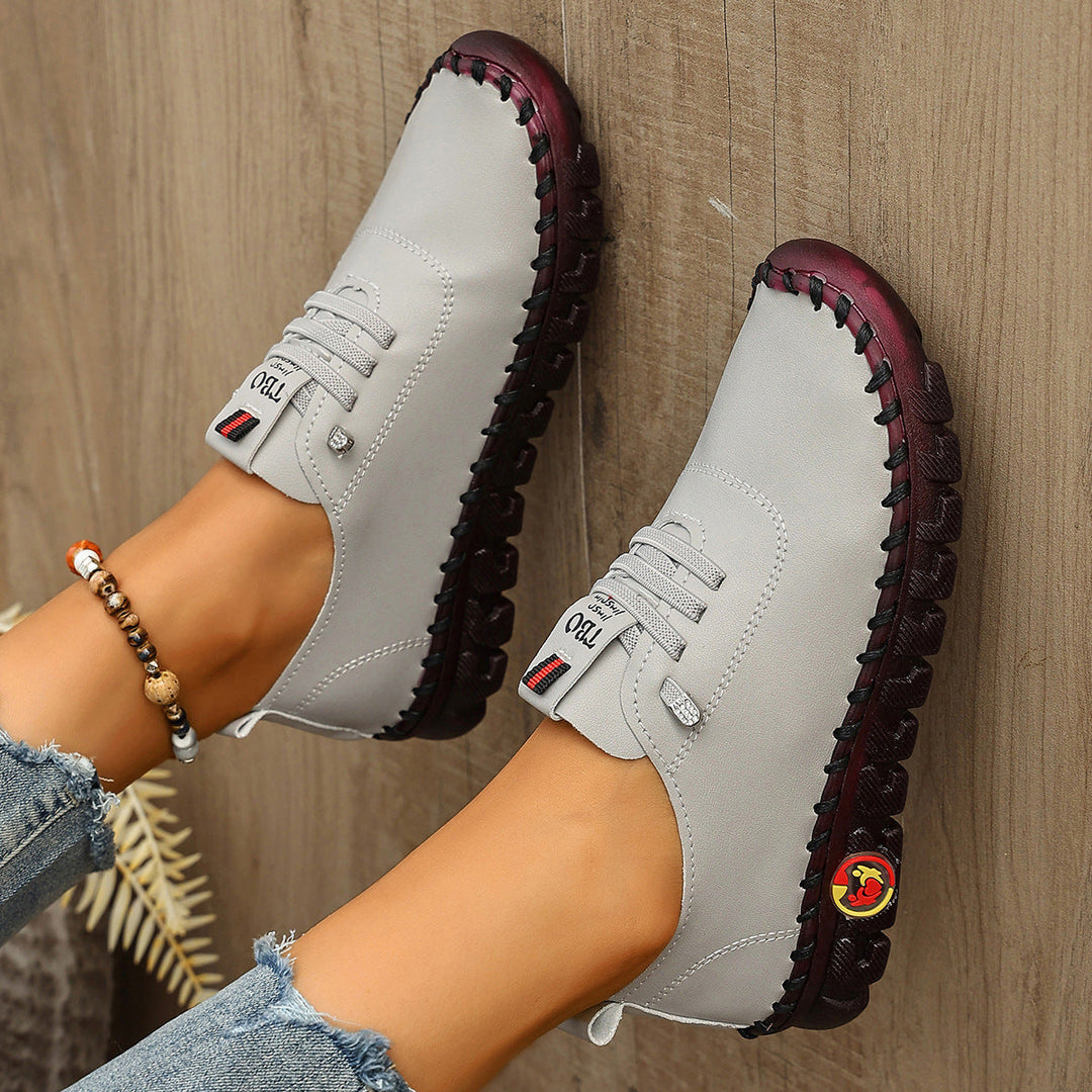 Damen Freizeit-Leder-Sneaker mit elastischen Schnürsenkeln und rutschfester Sohle Drune