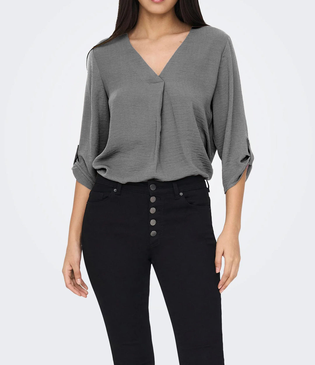 Damen luftige Bluse mit V-Ausschnitt und hochrollbaren Ärmeln Drune
