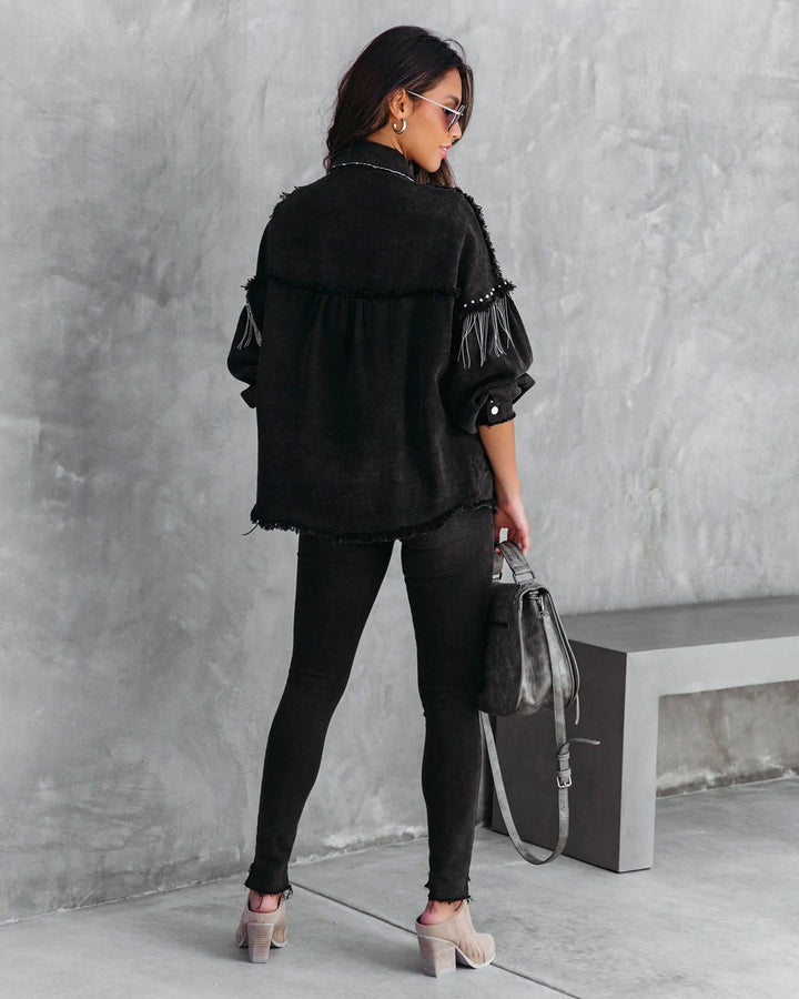 Drune | Schwarze Denim-Jacke mit Fransen - Kühn & Trendy - Knopfleiste - Lässiger Street Style