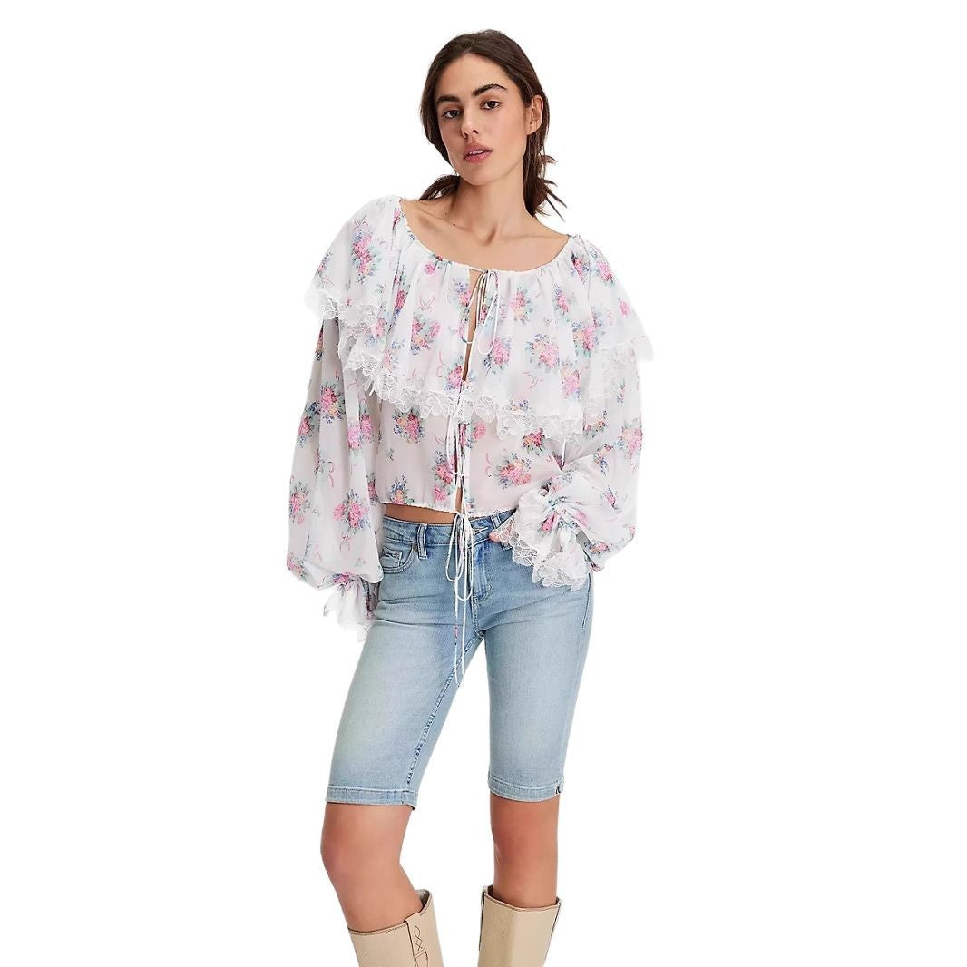 Damen Bluse mit romantischen Rüschen und floralem Muster Drune