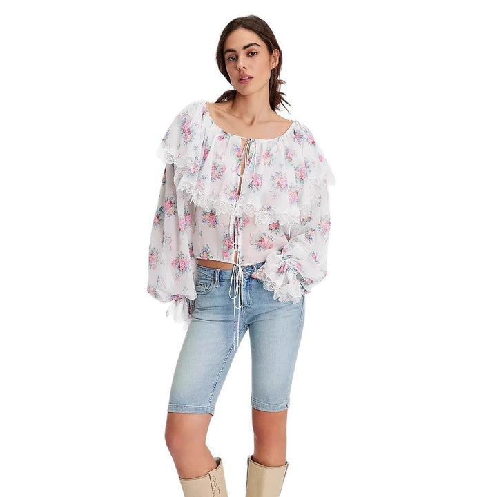 Damen Bluse mit romantischen Rüschen und floralem Muster Drune