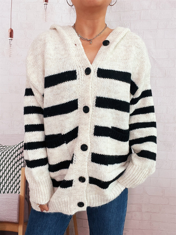 Damen oversized Strickjacke mit kontrastierenden Streifen und Kapuze Drune