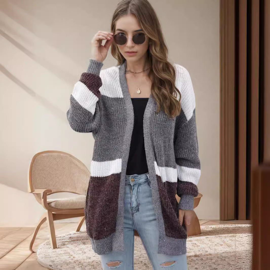 Damen lockere Strickjacke mit modischem Streifenmuster Drune