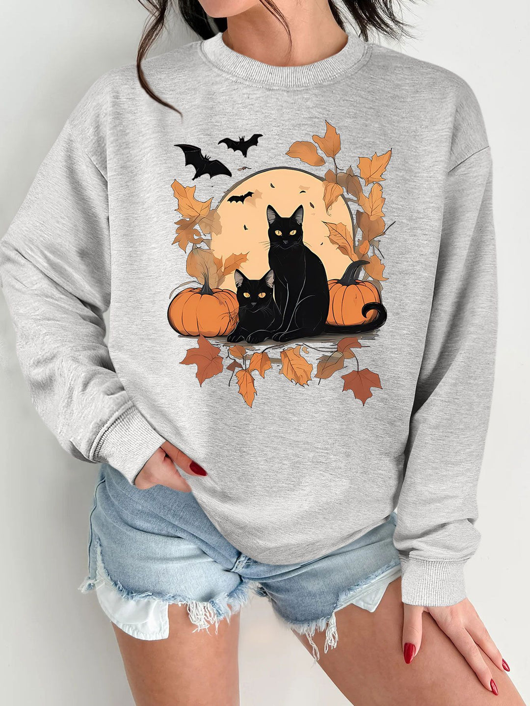 Damen Sweatshirt mit herbstlichem Katzen- und Kürbisdesign Drune