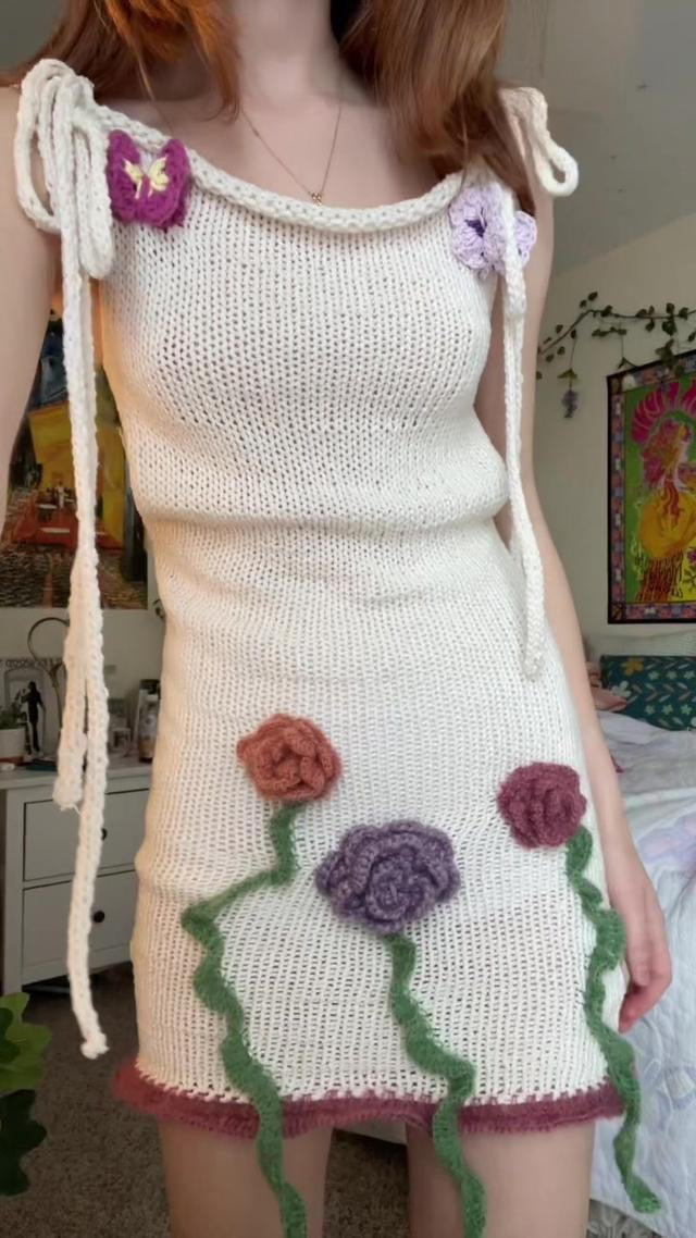 Damen gehäkeltes Sommerkleid mit floralen Applikationen Drune