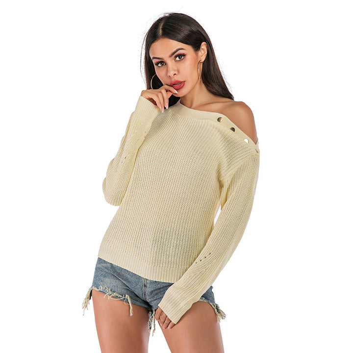 Damen eleganter Strickpullover mit lässigem Off-Shoulder-Design und modischen Knopfdetails Drune