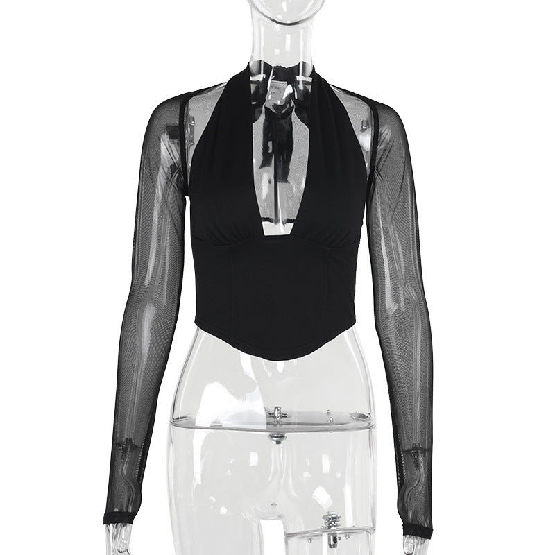 Damen Cropped-Top mit transparenten Ärmeln und tiefem V-Ausschnitt Drune