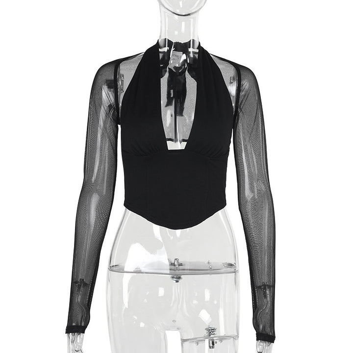 Damen Cropped-Top mit transparenten Ärmeln und tiefem V-Ausschnitt Drune