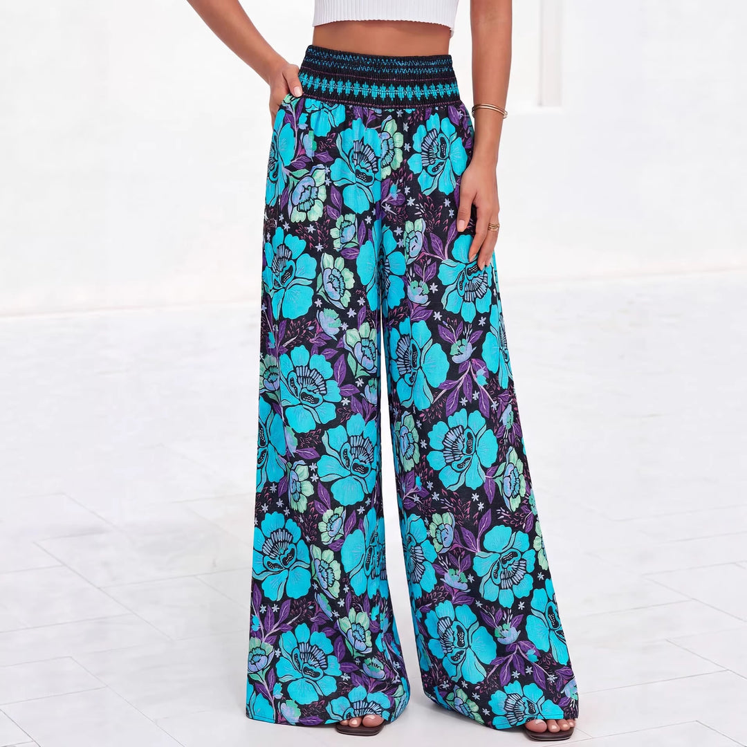 Damen luftige Palazzo-Hose mit floralen Mustern und elastischem Bund Drune