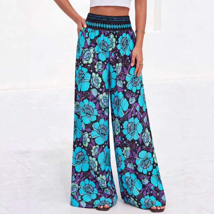 Damen luftige Palazzo-Hose mit floralen Mustern und elastischem Bund Drune
