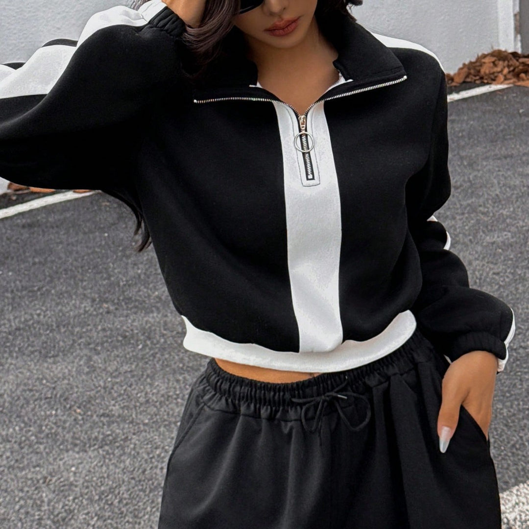 Damen lässiger Hoodie mit halbem Reißverschluss und weiten Jogginghose Drune