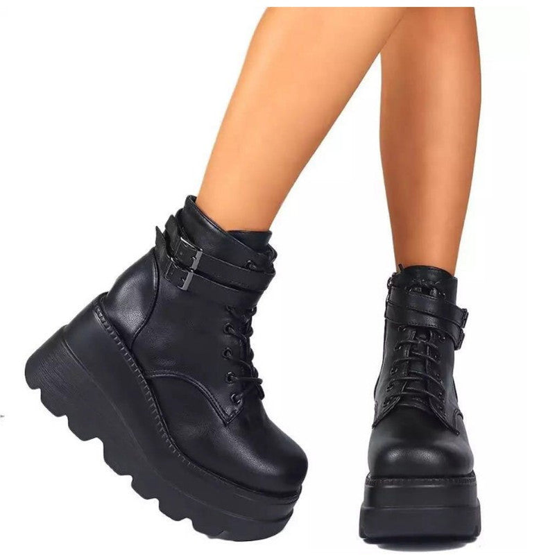 Damen Plateau-Stiefel mit modischem Schnallen-Design und praktischem Reißverschluss Drune