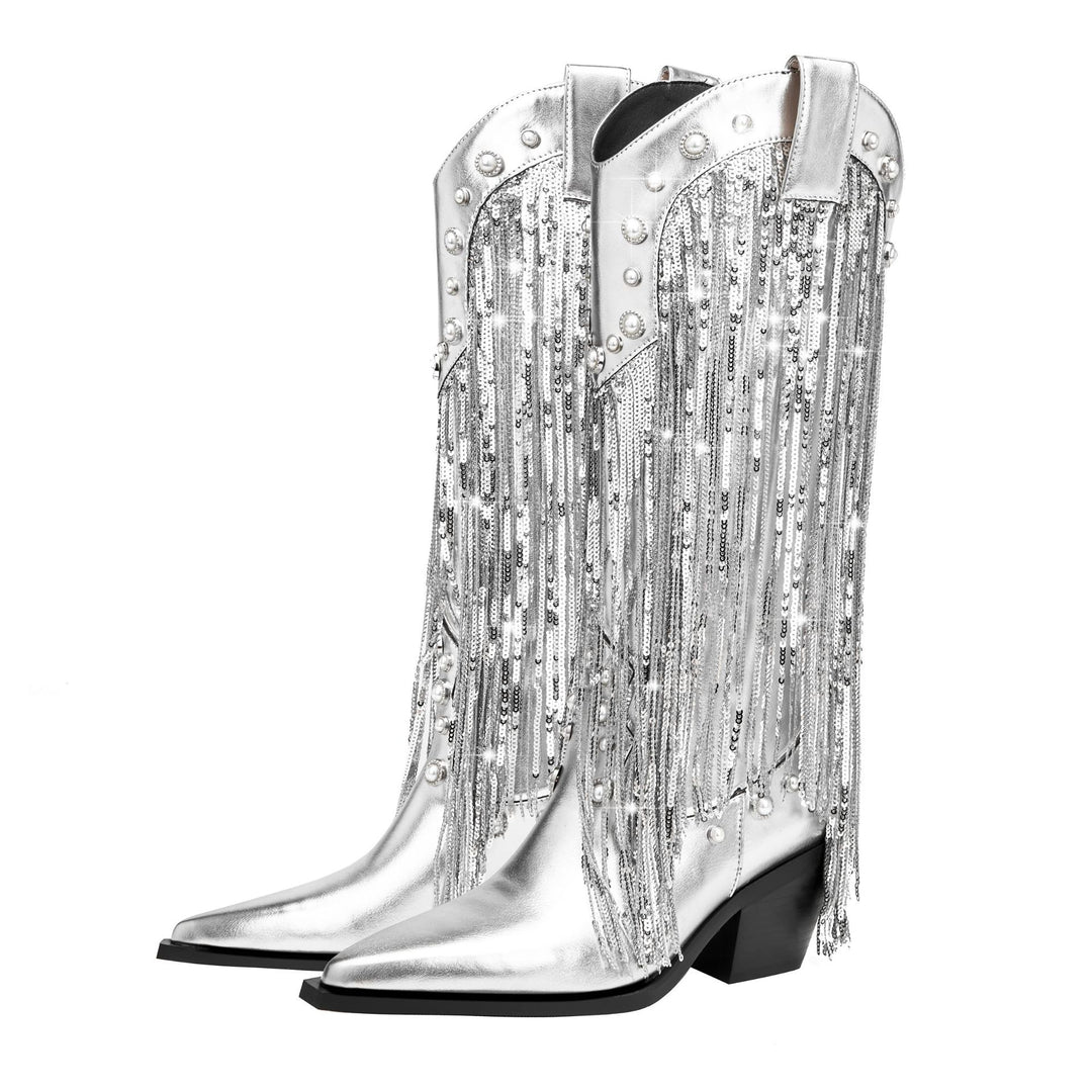Damen Western-inspirierte Fransen-Detail Knielange Stiefel Drune