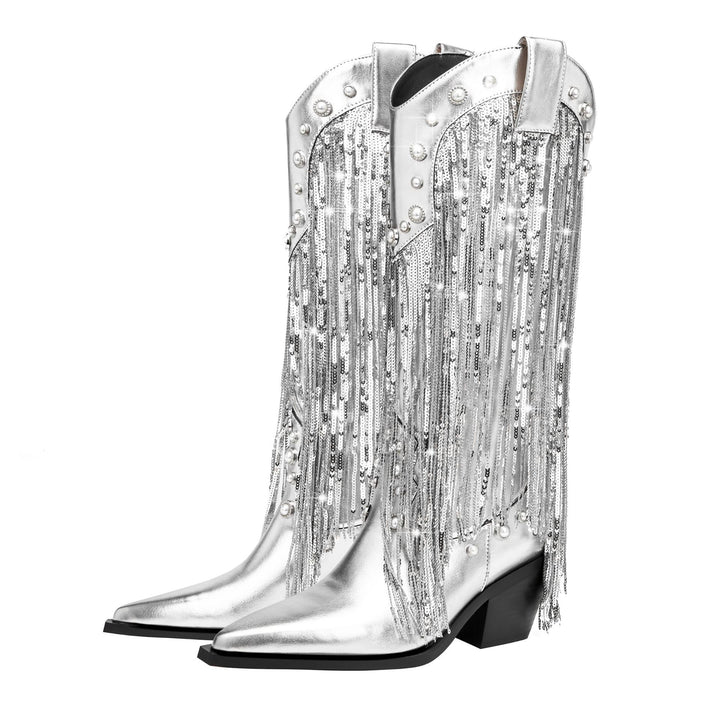 Damen Western-inspirierte Fransen-Detail Knielange Stiefel Drune