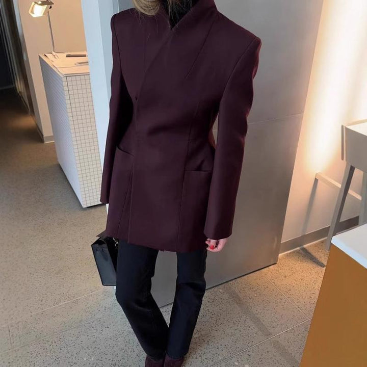 Damen asymmetrische Blazerjacke mit eleganter Taillierung und großen Taschen Drune