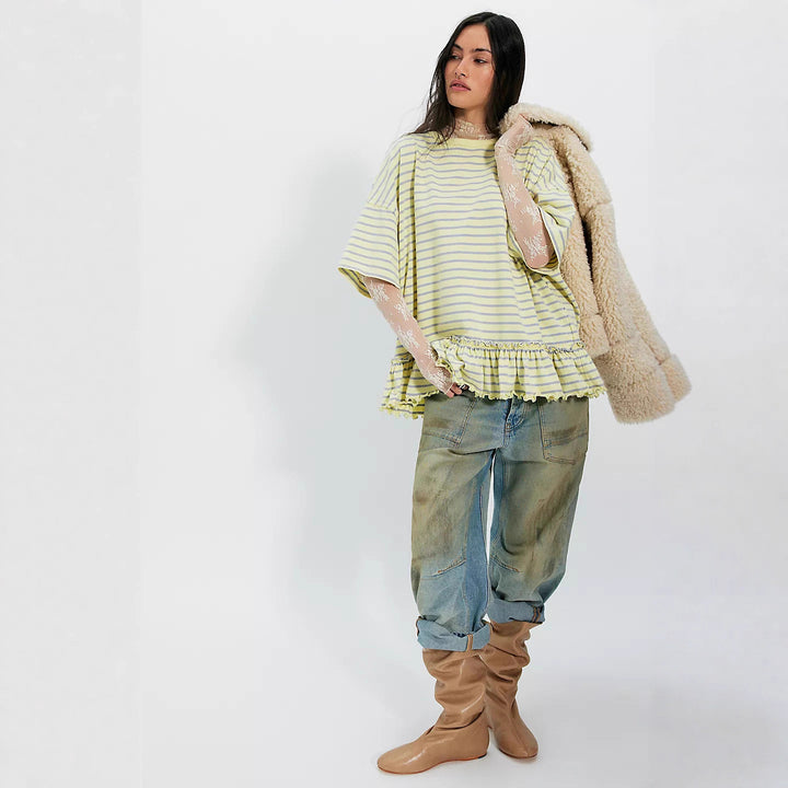 Damen Oversized gestreiftes T-Shirt mit Rüschendetail Drune