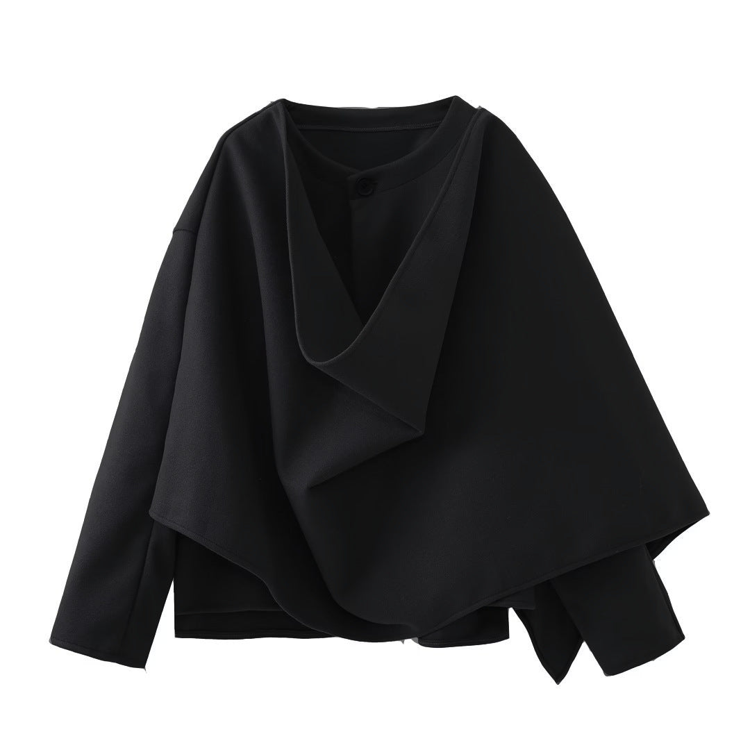 Damen asymmetrische Wickeljacke mit großem Kragen Drune
