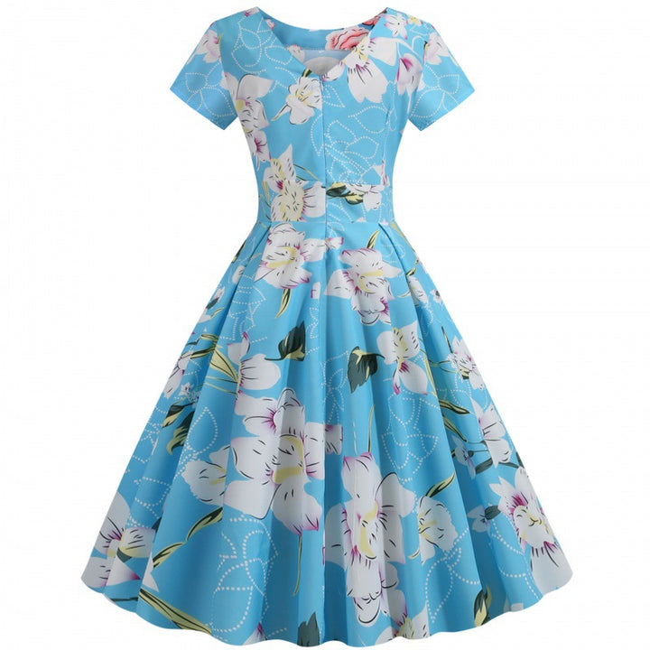 Damen ausgestelltes Blumen-Midikleid mit Rundhalsausschnitt und kurzen Ärmeln Drune