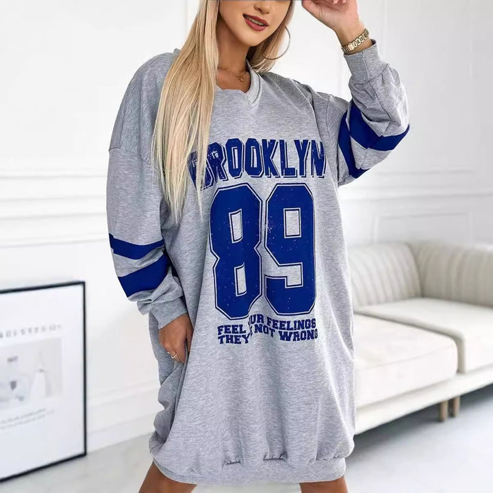 Damen lässiges oversized Sportkleid mit V-Ausschnitt und kontrastierenden Ärmeln Drune