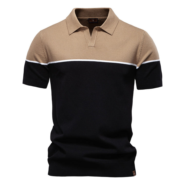 Herren nan modernes Kurzarm-Poloshirt aus Feinstrick mit offenem Reverskragen und horizontaler Kontrastpasse Drune