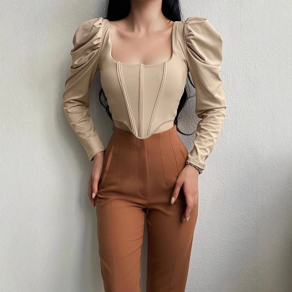 Damen tailliertes Oberteil mit eleganten Puffärmeln und quadratischem Ausschnitt Drune