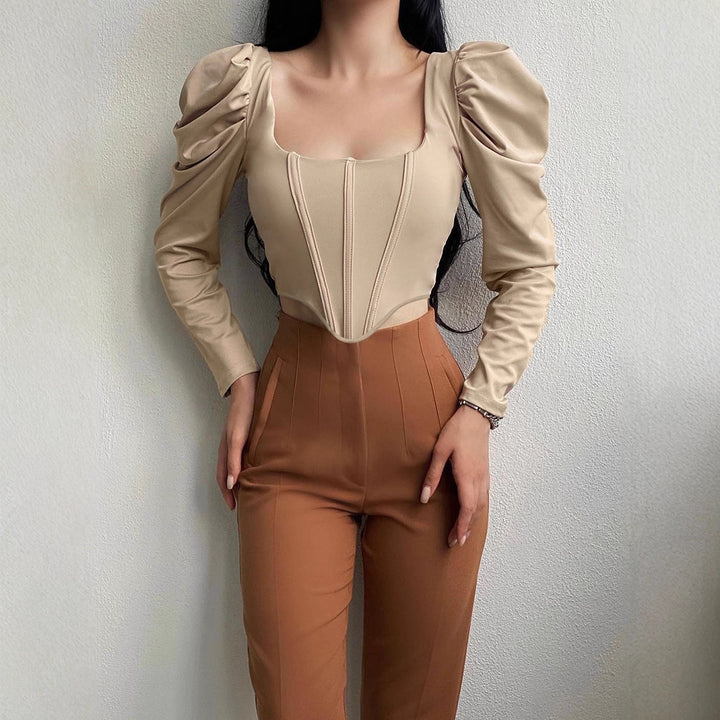 Damen tailliertes Oberteil mit eleganten Puffärmeln und quadratischem Ausschnitt Drune