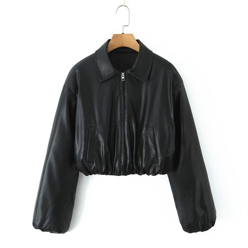 Damen cropped Kunstlederjacke mit praktischen Taschen und Gummibund Drune